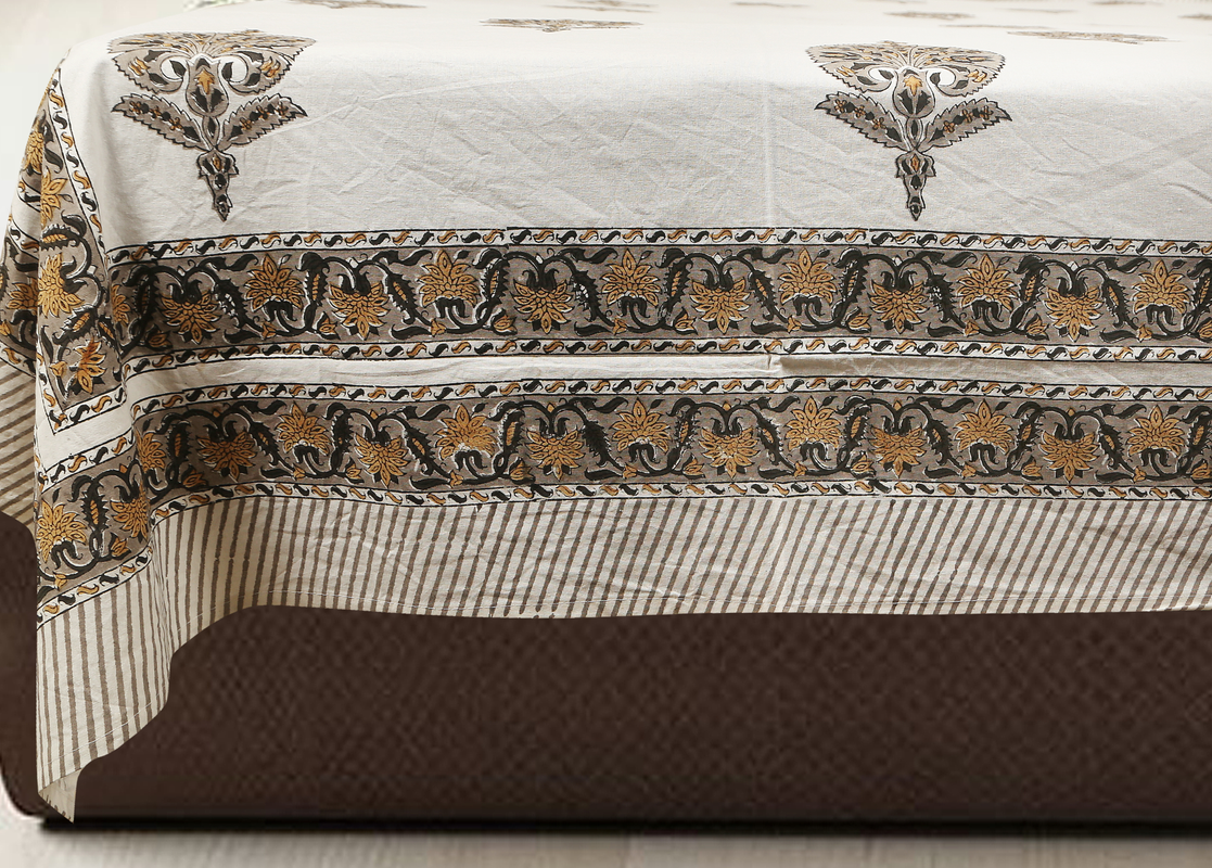 Hand Block Printed Cotton Bedsheet with 2 Pillow Cover - Rajwada buta grey